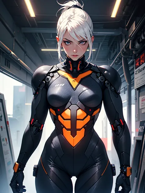 Beautiful cybernetic girl detailed muscles realistic masterpieces full figure pose (best quality,ultra-detailed), white hair in ponytail, fair skin, fit body, slim figure, narrow waist, (cocky expression), black carbon fiber cybernetic mobile combat suit