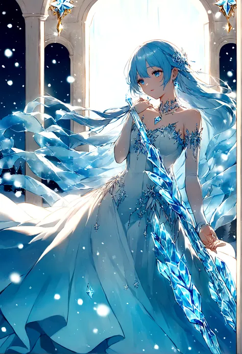 Imagine a graceful ice fairy with a detailed and enchanting design. She has delicate, translucent wings that shimmer like frosted glass, catching the light and scattering it in a spectrum of icy hues. Her skin is a pale, almost ethereal blue, with intricat...