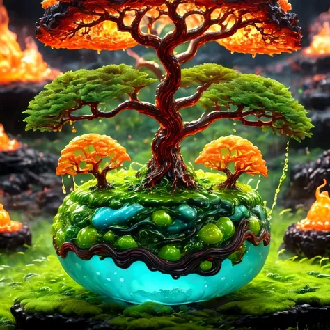 best quality, very good, 1.60,000, ridiculous, extremely detailed, cute round slime tree，has horns made of translucent boiling l...