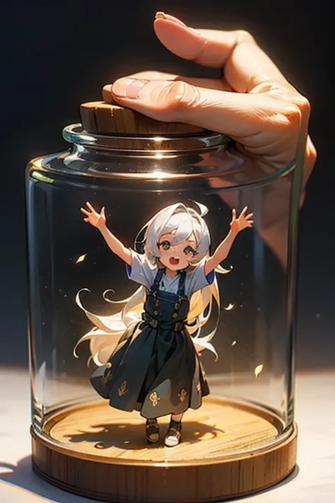 3D-illustration of a very cute girl figure in a jar, Masterpiece((must)), Palm-sized, cute, The face is dense((must)), tiny miniature, Overall, detailed((must))