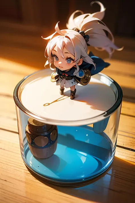 3d-illustration of a very cute girl figure in a jar, masterpiece((must)), palm-sized, cute, the face is dense((must)), tiny mini...