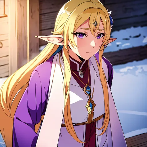 anime woman, elf, pointy ears, long blonde hair, purple eyes, sassy expression, gold crown with blue pendant, winter outfit, blu...