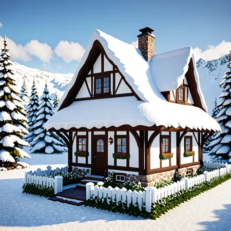 a white and brown cottage house in the middle of snow biome✨