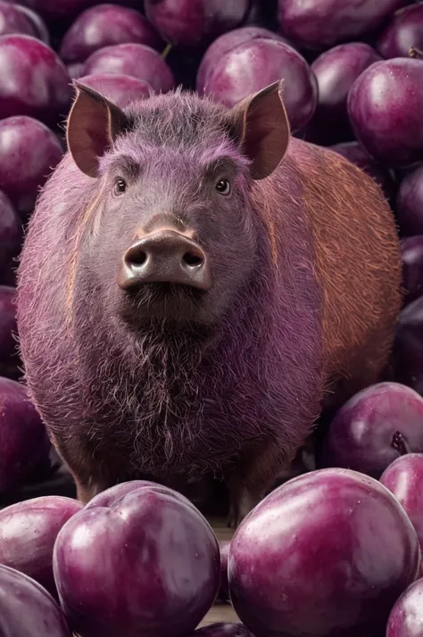 purple boar, boar made of plums, a plum boar, cute, boar skin is plum texture, nose is a plum, ears are plum slices, eyes are ye...