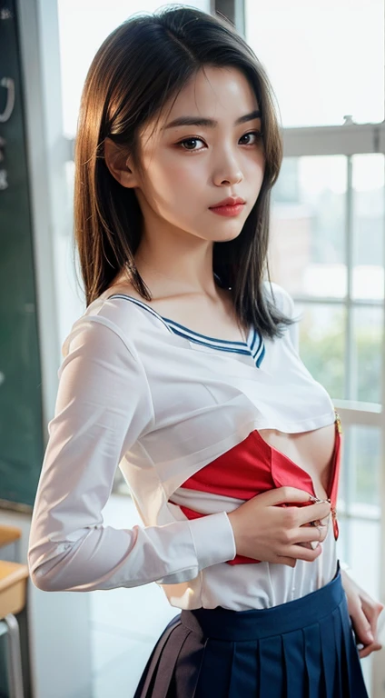 Highest quality、Ultra-high resolution、(Realistic)、18-year-old girl、((((School uniform blouse open))))、((((I can see your nipples)))),Hyper Detail、Super Realistic、(Realistic)、More about beautiful skin、(masterpiece:1.0)、(Highest quality)、(Ultra-high resoluti...