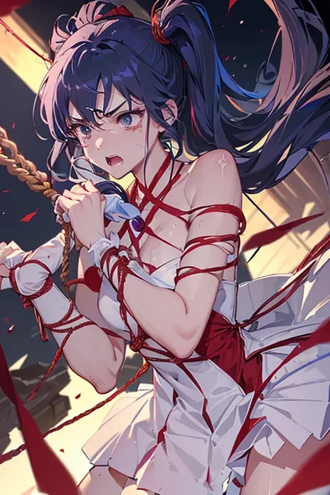 (Very detailed),Mid-chest, Detailed hands, eternal sailor moon,Im injured、(((Crippling)))、(((Her costume is torn and her skin is showing)))、Bleeding、enduring pain、(((Hands tied)))、(((He is in agony after receiving a fierce attack from the enemy.)))、(((Bein...