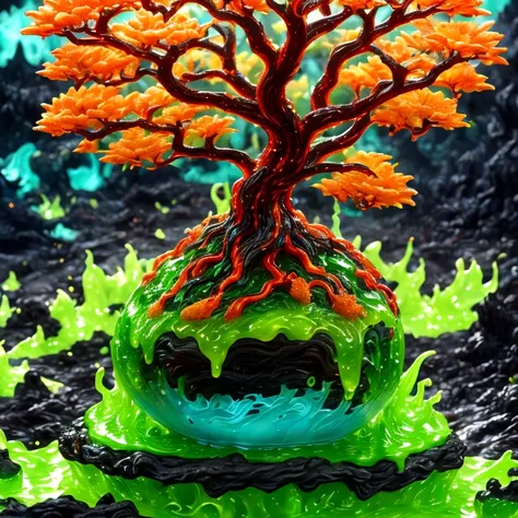 best quality, very good, 1.60,000, ridiculous, extremely detailed, cute slime tree，has horns made of translucent boiling lava, b...