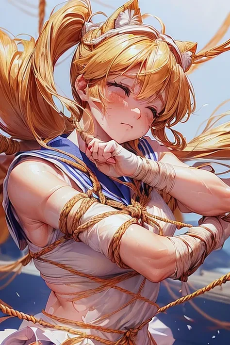 (Very detailed),Mid-chest, Detailed hands, Sailor Venus,Im injured、(((Crippling)))、(((Costumesが破けて肌が見えている)))、Bleeding、enduring pain、(((Hands tied)))、(((Under heavy enemy attack)))、(((Being tied up with rope)))、(((I&#39;ve been punched in the stomach)))、(((...