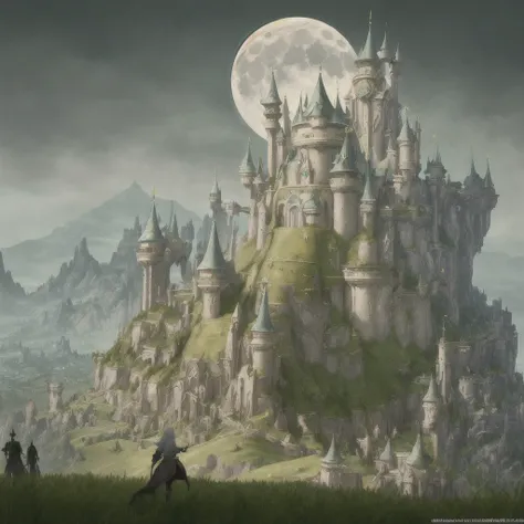 ((best quality)), ((masterpiece)), (detailed), (sprawling fantasy kingdom on grassy, gentle, rolling hills landscape), (massive, dense city), blending modern and fantasy, urban fantasy, one single large moon in background, in the style of video game concep...