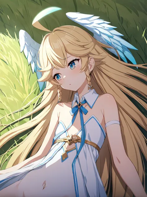 zaora, blue eyes, (variegated eyes:0.5), blonde, very long hair, twin blade, bangs, ahoge, hello, angel, flat chest, white dress...