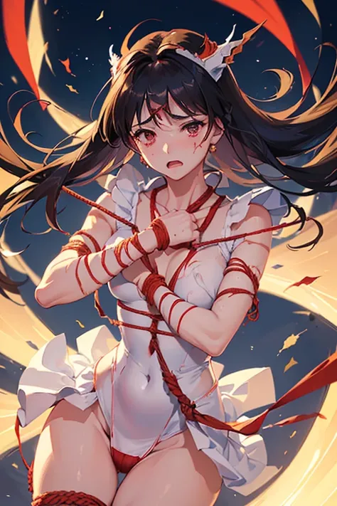 (Very detailed),Mid-chest, Detailed hands, Sailor Mars
,Im injured、(((Crippling)))、(((Her costume is torn and her skin is showing)))、Bleeding、enduring pain、(((Hands tied)))、(((Under heavy enemy attack)))、(((Being tied up with rope)))、(((I&#39;ve been punch...