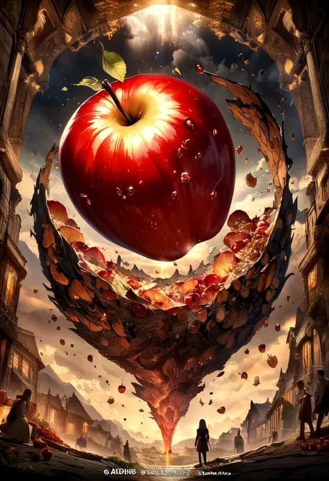 AN APPLE falling into juicy pieces., tasty, hot, promotional photo, intricate details, HDR, cinematographic, Adobe Lightroom, Very detailed