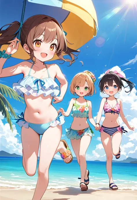 Highest quality、High resolution、Detailed Background、Beautiful face in every detail、Teenage beauty、cuteカラーの髪色、Brown Hair、Black Hair、Bobcut、ponytail、Twin tails、A big smile、Uplifting、
Summer sun、Shining Sea、Walking on the beach、Enjoy splashing around on the s...