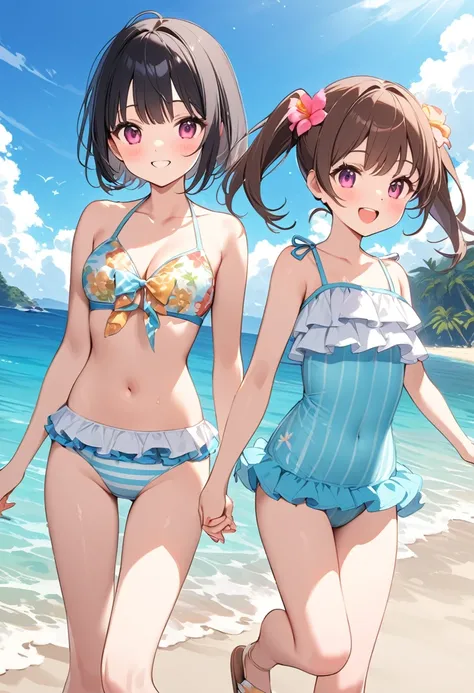 Highest quality、High resolution、Detailed Background、Beautiful face in every detail、Teenage beauty、cuteカラーの髪色、Brown Hair、Black Hair、Bobcut、ponytail、Twin tails、A big smile、Uplifting、
Summer sun、Shining Sea、Walking on the beach、Enjoy splashing around on the s...