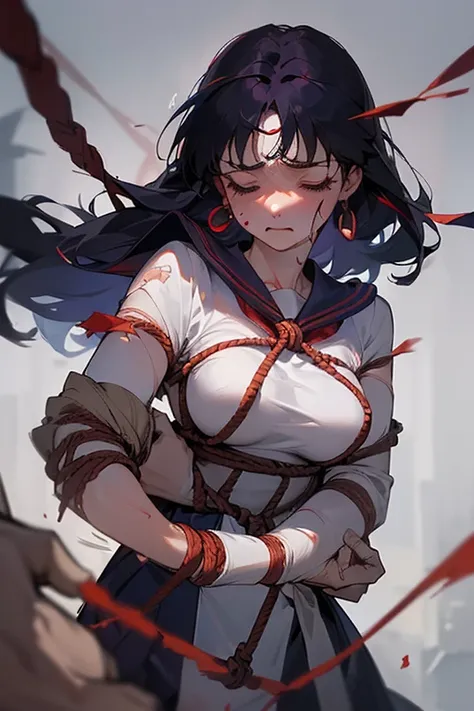 (Very detailed),Mid-chest, Detailed hands, Sailor Mars
,Im injured、(((Crippling)))、(((Her costume is torn and her skin is showing)))、Bleeding、enduring pain、(((Hands tied)))、(((Under heavy enemy attack)))、(((Being tied up with rope)))、(((I&#39;ve been punch...