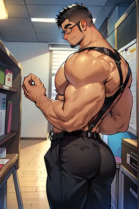 4k, masterpiece, high resolution:1.2, 1 man, solo, bara, muscular, big physique, crew cut hair, facial hair, chest, wide shoulder, biceps, thighs, triceps, butt, black hair, cute smile, friendly, standing in an office, wearing formal trousers, wearing form...