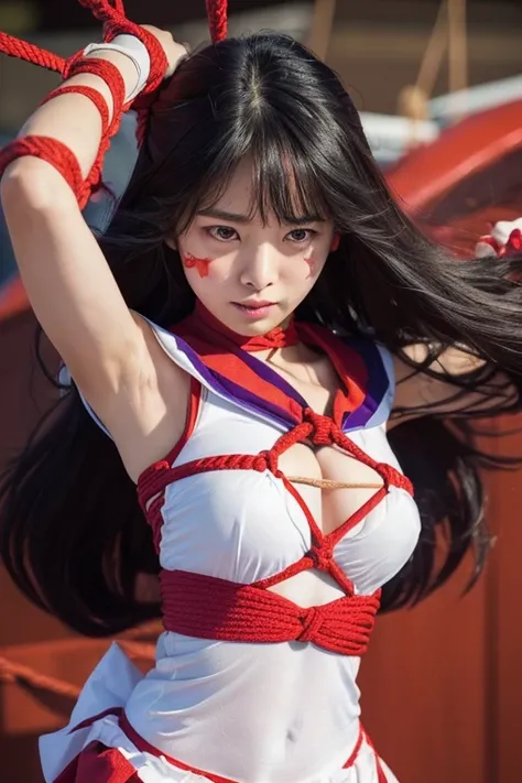 (Very detailed),Mid-chest, Detailed hands, Sailor Mars
,Im injured、(((Crippling)))、(((Her costume is torn and her skin is showing)))、Bleeding、enduring pain、(((Hands tied)))、(((Under heavy enemy attack)))、(((Being tied up with rope)))、(((I&#39;ve been punch...