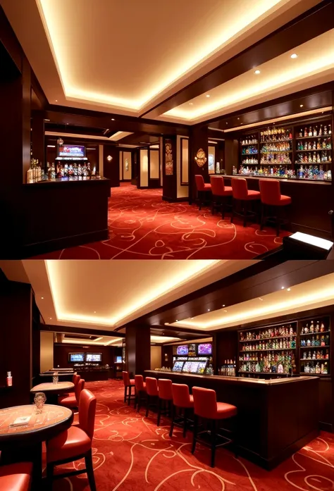 Fantastic Casino、BAR Counter、night、Interior space、Japanese style、First floor atrium、indirect lighting、Lower floor