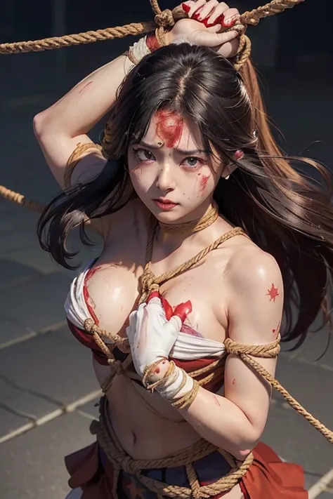 (Very detailed),Mid-chest, Detailed hands, Sailor Mars
,Im injured、(((Crippling)))、(((Her costume is torn and her skin is showing)))、Bleeding、enduring pain、(((Hands tied)))、(((Under heavy enemy attack)))、(((Being tied up with rope)))、(((I&#39;ve been punch...