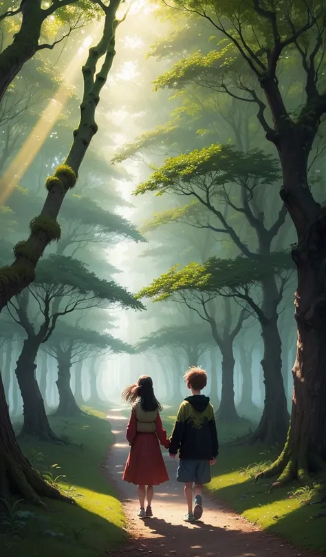 (anime, digital paint, enchanted forest background, vibrant colors, sunlight filtering through trees, 1 boy and 1 girl happy children walking hand in hand on a mossy path, dense foliage all around, sense of wonder and adventure)