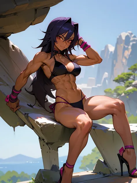 18 year old Yoruichi Shihöin from Bleach with tanned skin in a neon pink thong bikini flexing her muscles in a front double bicep pose to pridefully show off her rock hard abs and sitting on her heels on a mountain ledge, highly detailed