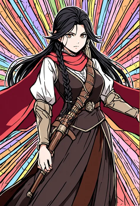 Imagine a female cangaceiro, tall and slender, with a piercing and determined gaze. Her black hair falls in long braids intertwined with colorful ribbons. She wears a leather hat adorned with bird feathers and a red scarf tied around her neck, symbolizing ...