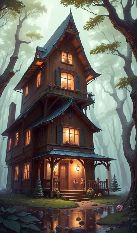 (anime, digital paint, candy house nestled in a forest clearing, vibrant and colorful, astonished faces of 1 boy and 1 girl, candy and sweets decorations, walls made of gingerbread and candy, fairy tale setting, viewed from a low angle with trees framing t...