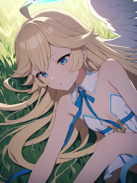 Zaora, blue eyes, (Variegated eyes:0.5), Blonde, Very long hair, Twin Blade, bangs, Ahoge, Hello, Angel, Flat Chest, White Dress, Belly button cutout, Detachable collar, Strapless, Neck ribbon, Bare shoulders, Angel wings, barefoot, One girl, Solo Break Sp...