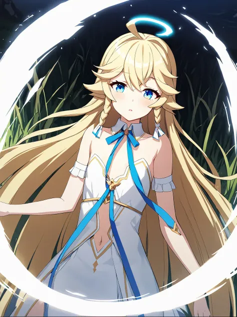 zaora, blue eyes, (variegated eyes:0.5), blonde, very long hair, twin blade, bangs, ahoge, hello, angel, flat chest, white dress...