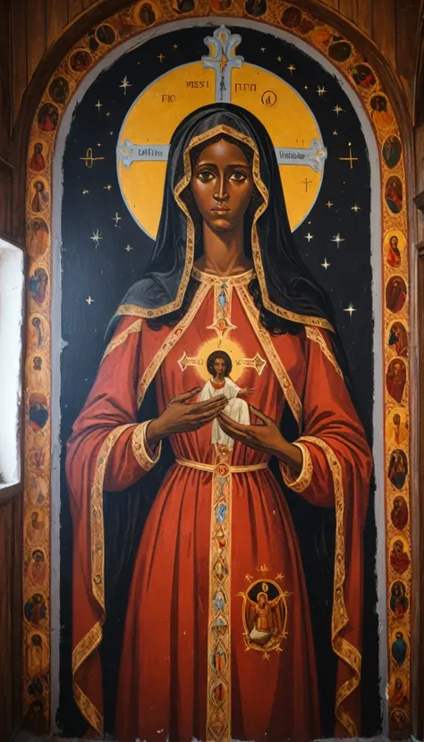 black priestess mary magdalene, orthodox painted on the interior wall of a rortch church, elements of astrology