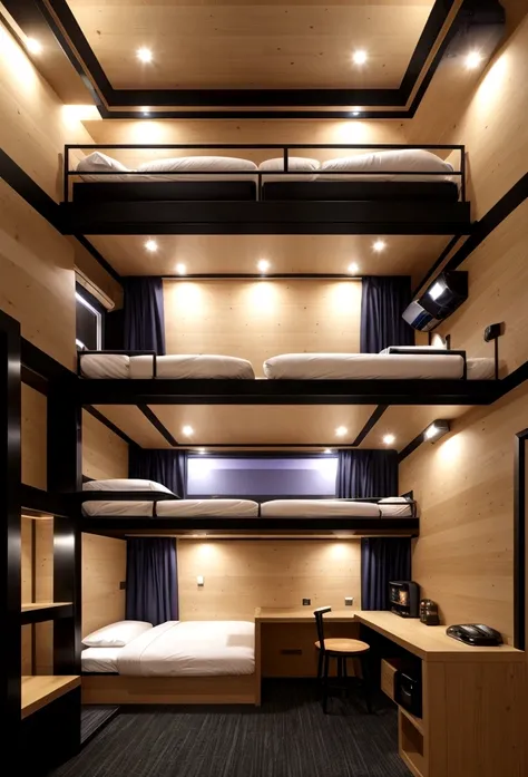 A fantastic capsule hotel、pub、night、Interior space、indirect lighting、Lower floor