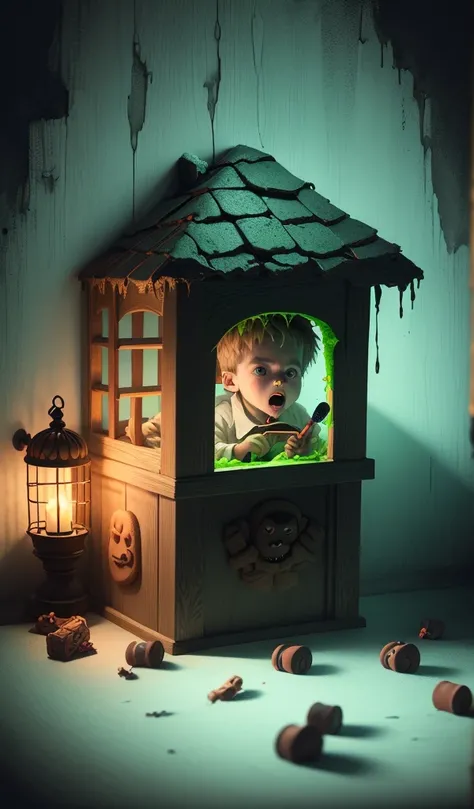 (anime, digital paint, 1 young boy trapped in a wooden cage, frightened expression, evil and creepy old woman stirring a bubbling cauldron, eerie green light illuminating the room, dark and twisted interior of the candy house, dark and ominous atmosphere w...