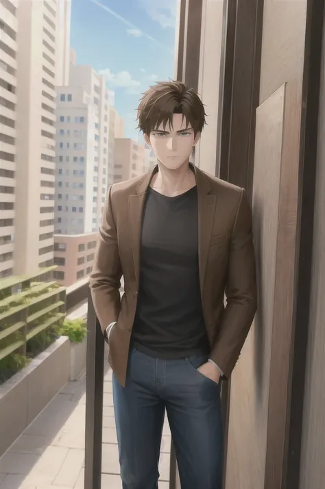 A young boy standing, Brown hair, light brown eyes, standing behind a city window, very attractive, with serious face. With a black shirt and a brown jacket.