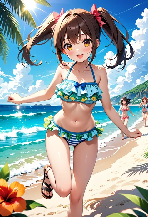 Highest quality、High resolution、Detailed Background、Beautiful face in every detail、Teenage beauty、cuteカラーの髪色、Brown Hair、Black Hair、Bobcut、ponytail、Twin tails、A big smile、Uplifting、
Summer sun、Shining Sea、Walking on the beach、Enjoy splashing around on the s...