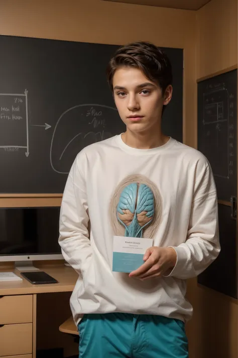 A beautiful young male twink, cute, with black hair and a face with makeup, wearing a bright white long-sleeved shirt and aqua blue pants, and he is in his office, and behind him is a blackboard on which is written the shape of the brain and its anatomy, a...