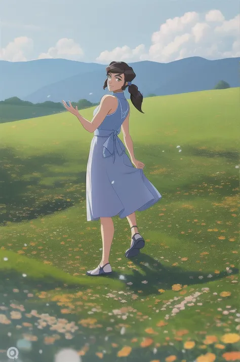 Korra, the Avatar and master of all four elements, depicted in a casual and relaxed pose wearing a sundress. The sundress should be colorful and vibrant, with a natural and flowing design that complements Korras figure. The image should show Korra interact...