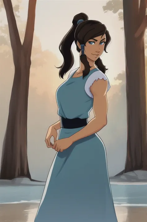 Korra, the Avatar and master of all four elements, depicted in a casual and relaxed pose wearing a sundress. The sundress should be colorful and vibrant, with a natural and flowing design that complements Korras figure. The image should show Korra interact...