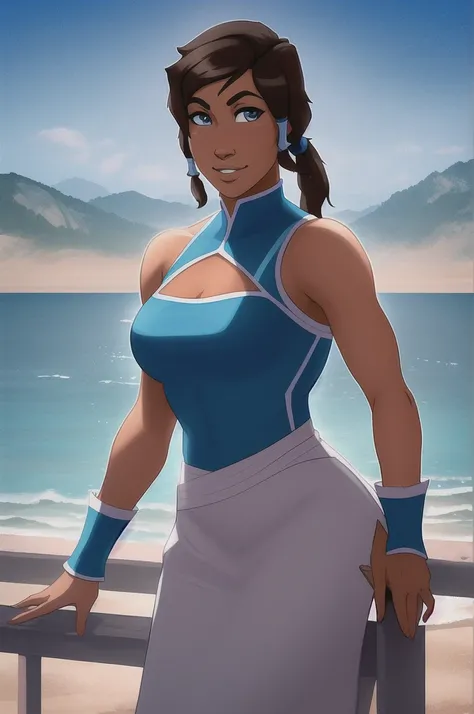 Korra, the Avatar and master of all four elements, depicted in a casual and relaxed pose wearing a sundress. The sundress should be colorful and vibrant, with a natural and flowing design that complements Korras figure. The image should show Korra interact...