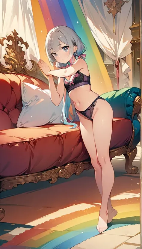 (masterpiece:1.8),(Highest quality:1.8),(Very detailed:1.8),(8k:1.8),(Ultra-fine Illustration:1.5),,,Straight low twintail,Flat Chest,Small Ass,(High-grade ,,lingerie:1.4),(Prayer Pose:1.5),Vintage sofa,,(Full body angle), Rainbow Gradient, Foundation, (br...