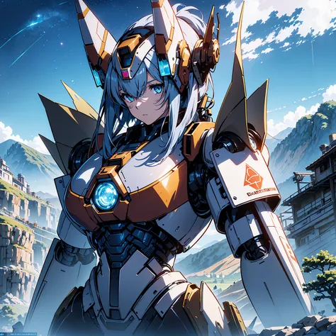 anime, 2 characters, (1 teenage anime girl, silvery blue hair, bright blue star-shaped eyes); (1 robot, mech, tall, cape, lumino...