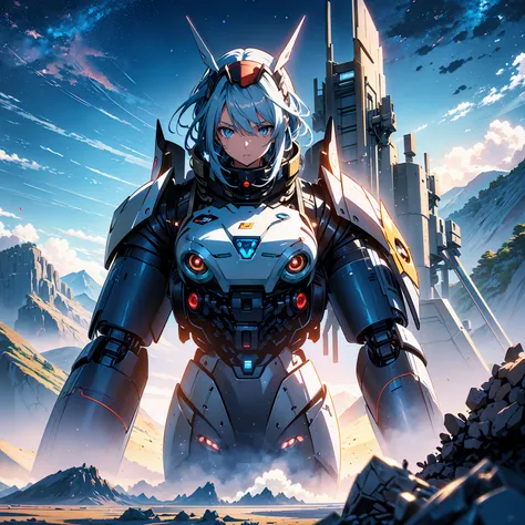 anime, 2 characters, (1 teenage anime girl, silvery blue hair, bright blue star-shaped eyes); (1 robot, mech, tall, cape, lumino...