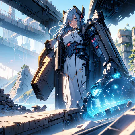 Anime, 2 characters, (1 teenage anime girl, silvery blue hair, bright blue star-shaped eyes); (1 Robot, Mech, Tall, Cape, Luminous Eyes, Rugged, Fantasy, Lights, outdated, old style, bronze silver), Nature, Biomes with mountains