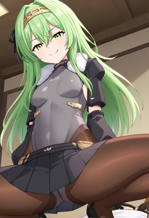 (anime screencap),(Kilo, green eyes, green hair, long hair, hairband, black hair ribbon, Fur trim, grey leotard, black sleeves, long sleeves, black skirt, pantyhose, gloves),(Smirking expression),Bedroom,(squat、Brush your hair back、From below,dynamic angle...