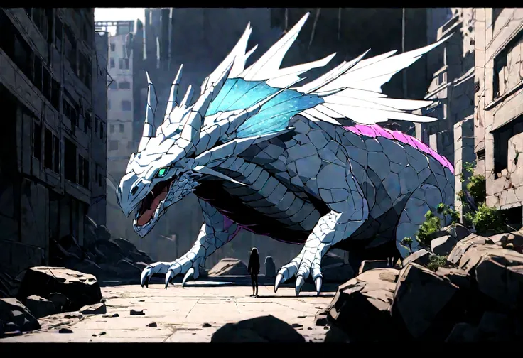 A dragon, with white wings, mouth open, in a destroyed city, ultra-realistic,Ultra-detailed image, cinematic, detailed, insane details, isometric style, depth of field, hyper-detailed, beautifully color-coded, Unreal Engine, cinematic, color grading, holog...