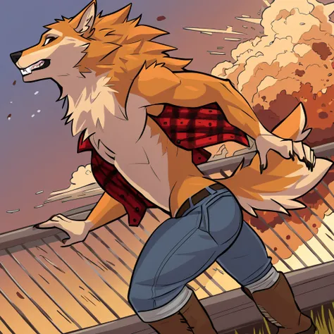 canid, canine, canis, mammal, mythological_canine, were, werecanid, werecanine, werewolf, wolf, brown_eyes, anthro, male, biped, side_view, orange_body, orange_fur, fluffy_tail, fingers, vaulting_fence, explosion, flying_shrapnel, red_flannel, jeans, brown...