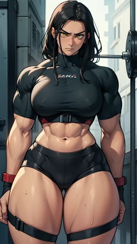 wide hips curvy thick thighs voluptuous large breasts muscular toned body bodybuilder black hair pale skin yellow eyes skintight expressionless sad sad