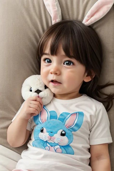 Please, Create an image of a 9 month old baby girl with the following characteristics: dark brown hair, blue eyes, a pacifier with a bunny decoration in the mouth. The girl must be lying on a bed, crying, with eyes full of tears and an expression that indi...