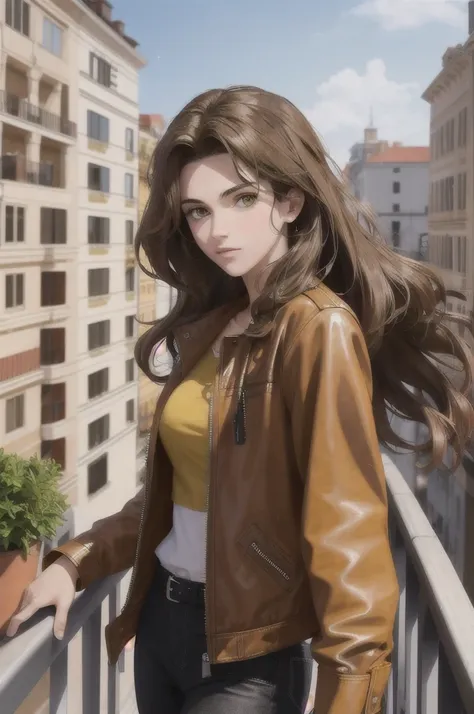 Make a 17 year old with wavy brown hair, light brown eyes between yellow, serious face, very attractive, with a black shirt and brown leather jacket, high, who is standing on a balcony.