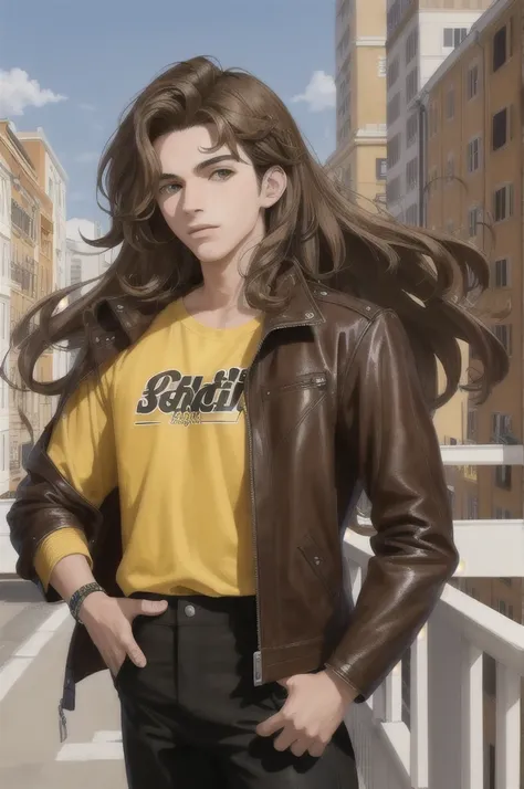 Make a 17 year old with wavy brown hair, light brown eyes between yellow, serious face, very attractive, with a black shirt and brown leather jacket, high, who is standing on a balcony.