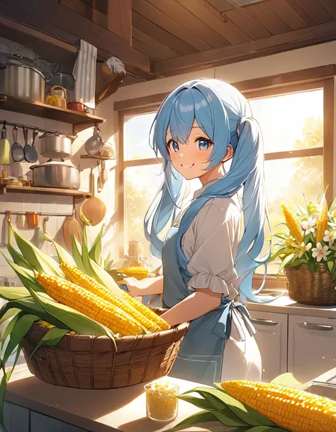 A kitchen decorated with lots of margaret flowers、Corn is piled in a basket、Light blue long hair、Beautiful girl with twin tails、Smiling while roasting corn、The girl has corn、Kitchen bathed in morning sun、A kitchen full of flowers